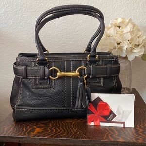 Coach Hamptons Black Pebble Leather 10212 Shoulder Belted Tassel Tote.